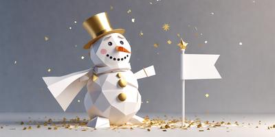 The primary subject of the image is a snowman, which is a paper cutout of a snowman. The snowman is standing next to a flag, and there is a gold star on the flag. The setting is a gray background, and the visual style is a combination of photo and digital art. The colors and mood of the image are predominantly white and gold, giving it a festive and celebratory atmosphere.